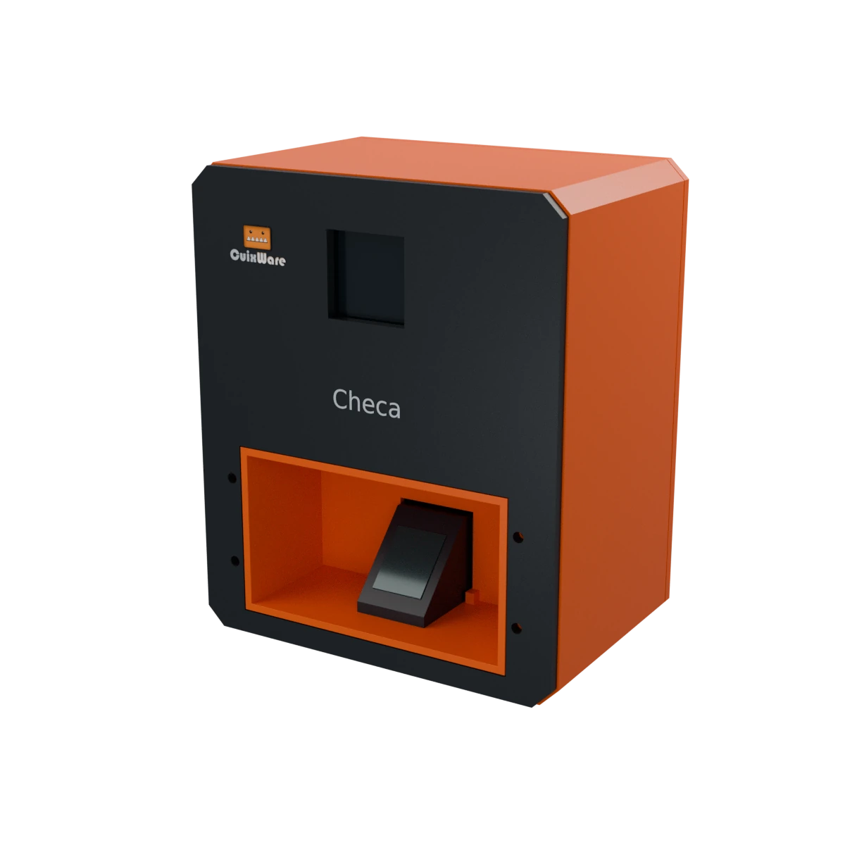Checa, reloj checador mexicano con carcasa naranja, pantalla y lector de huella